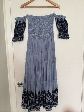 Striped Blue Off-Shoulder Maxi Dress with Embroidered Hem